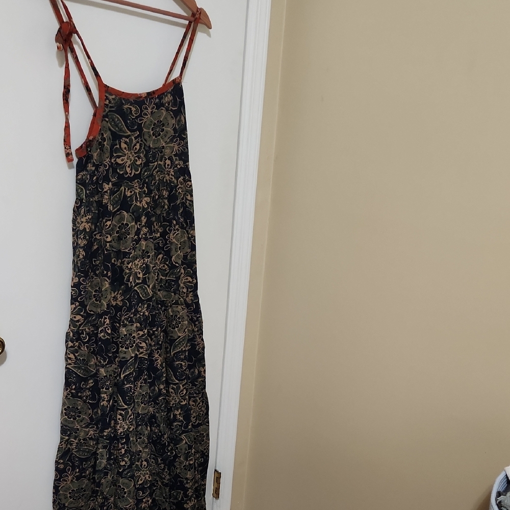 NATURAL LIFE Black Maxi Dress with Rust Tie Straps and Olive Floral Print